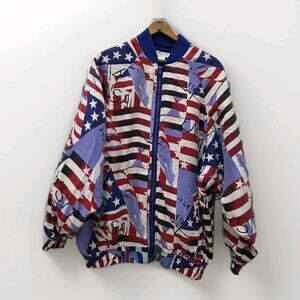 Robert Stock Silk Jacket Bomber Quilted Patriotic Red White Blue USA Size M Y2K